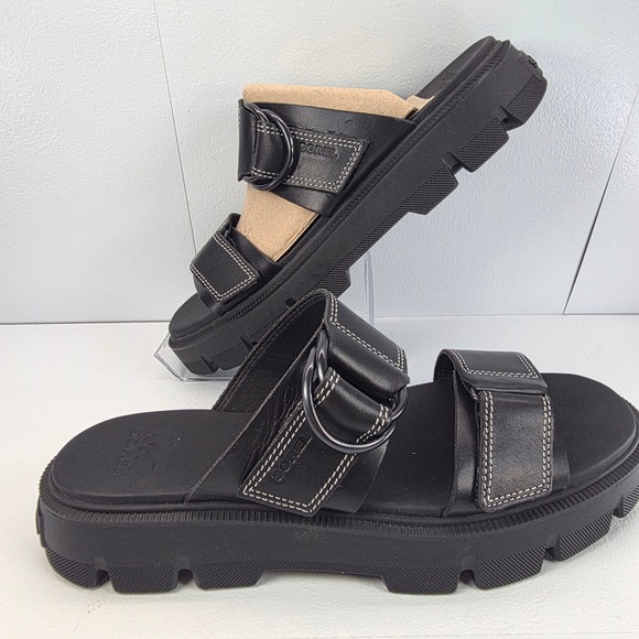 Sorel Roaming Buckle Slide Black Leather Platform Lug Sole Sandals Womens Sz 10